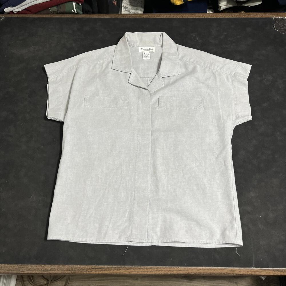 Vintage Christian Dior Shirt Womens 6 Gray Camp Collar Button Up Blouse USA